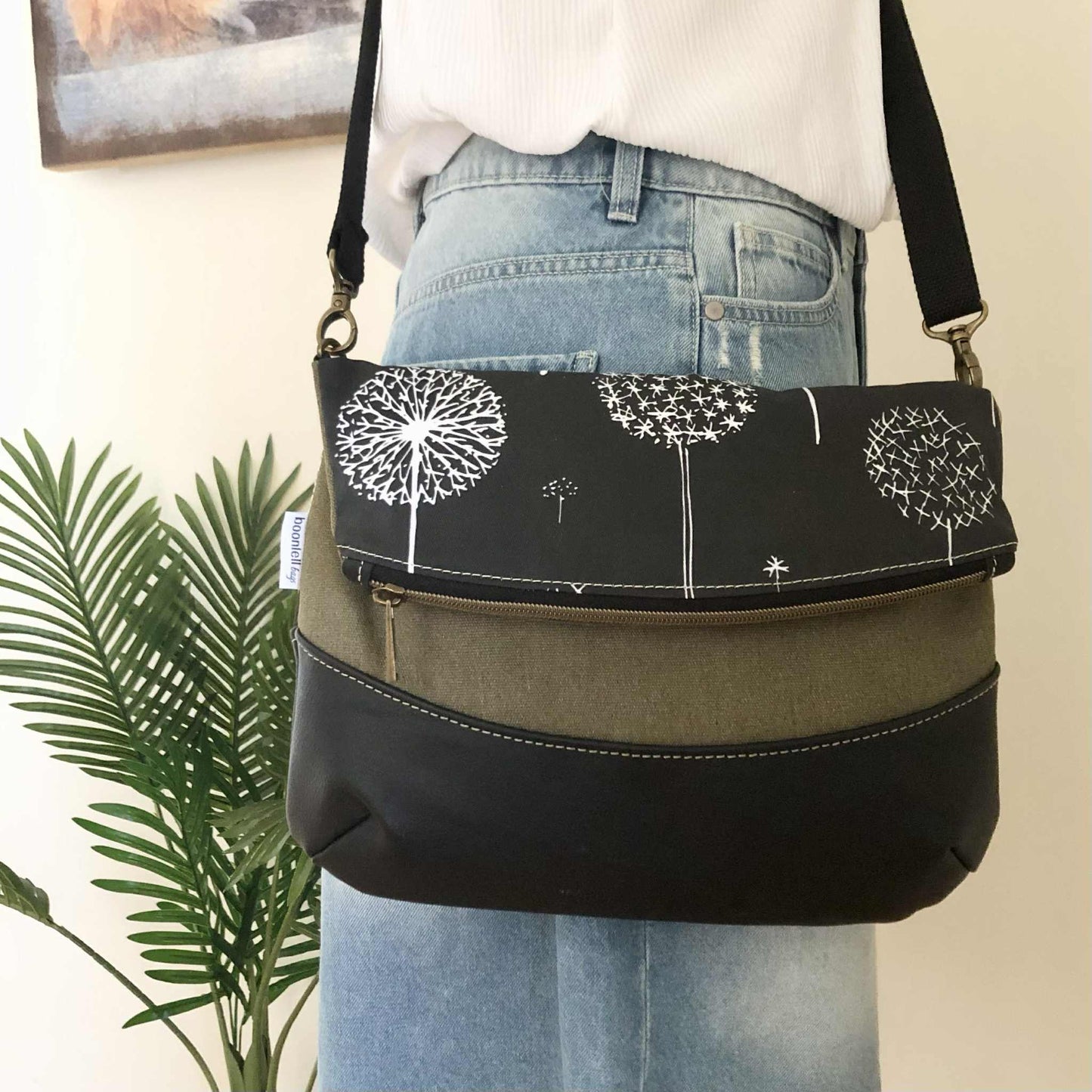 Fold Over Bag in Black Leather, Green Canvas and Dandelion