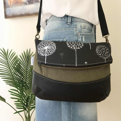 Fold Over Bag in Black Leather, Green Canvas and Dandelion