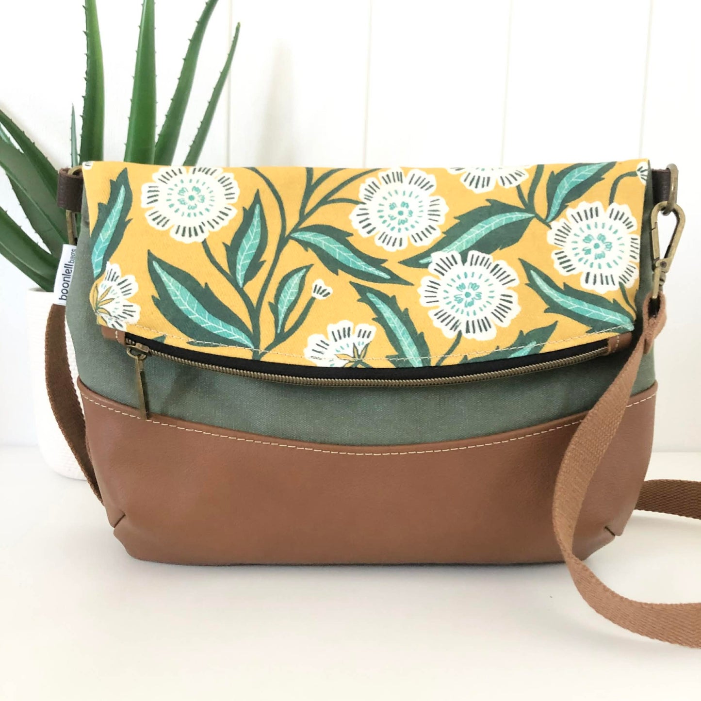 Hovea Fold Over Bag in Tan Brown Leather, Green Canvas and Evarie Print
