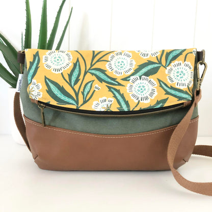 Hovea Fold Over Bag in Tan Brown Leather, Green Canvas and Evarie Print