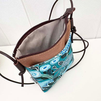 Sundew Sling Bag in Tan Canvas with Blue Banksia