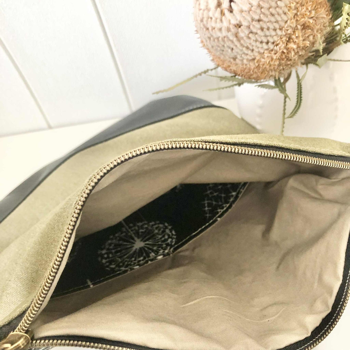 Fold Over Bag in Black Leather, Green Canvas and Dandelion