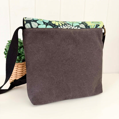 Cassinia Crossbody Bag - Grey Canvas and Black Leather with Green Folk Bird Design