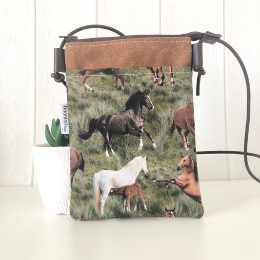 Tan Canvas with Horses Fabric Phone Sling Crossbody Bag