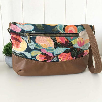 Hovea Fold Over Bag in Tan Leather, Grey Canvas and Bush Flora