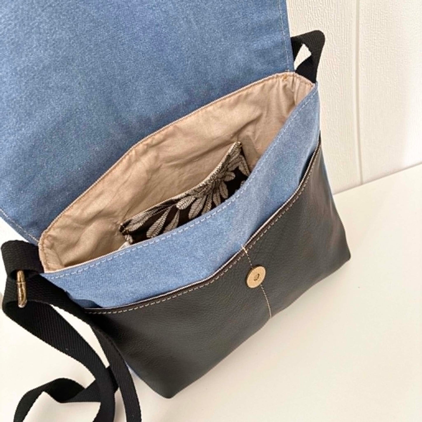 Cassinia Crossbody Bag - Blue Canvas and Black Leather with Waratah