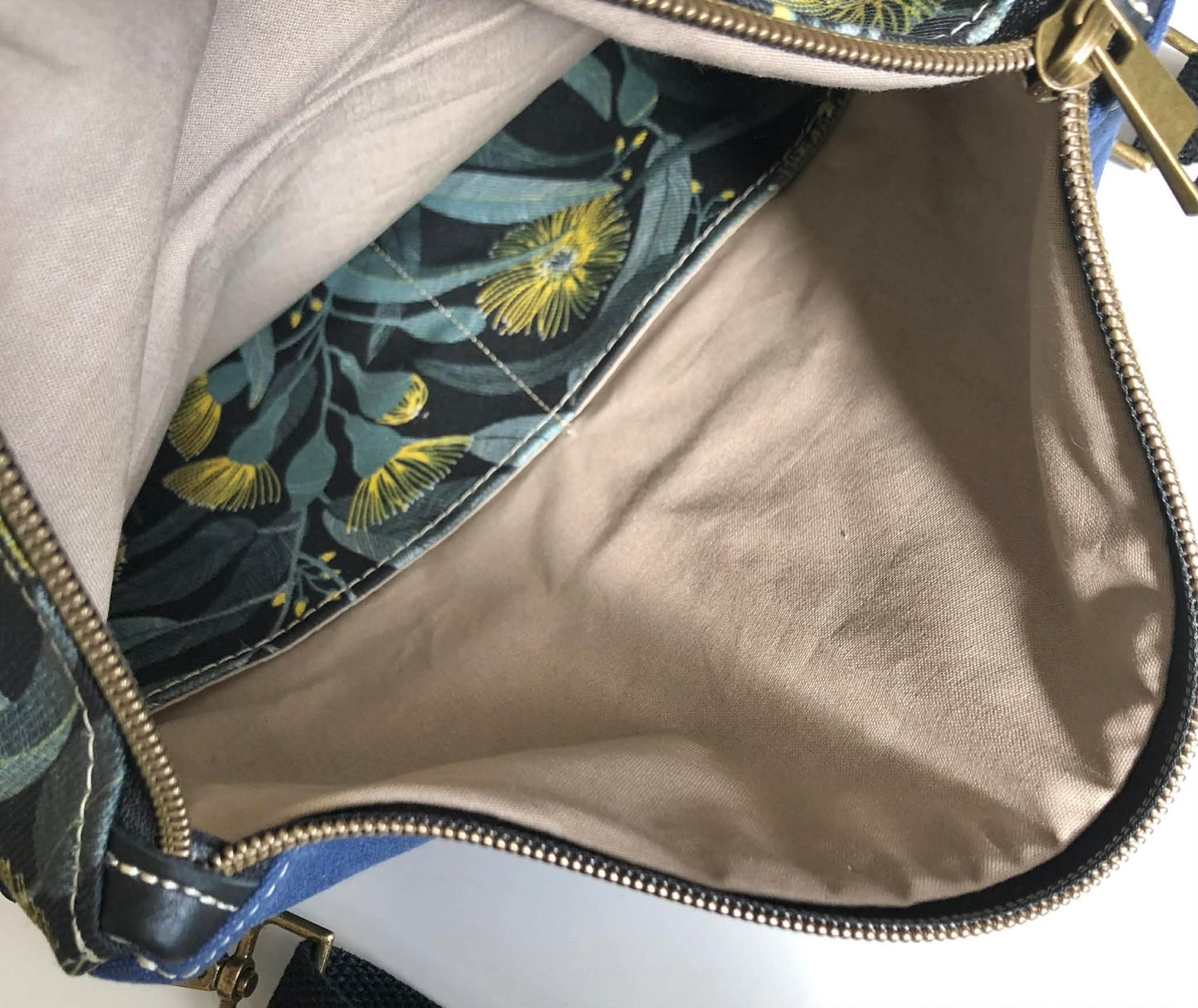 Hovea Fold Over Bag in Black Leather, Blue Canvas and Yellow Eucalyptus