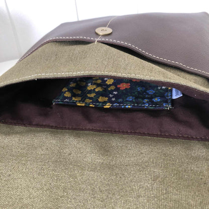 Green Canvas and Brown Leather Crossbody Bag with Wildflowers