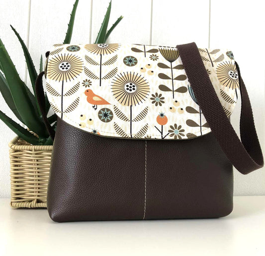 Green Canvas and Brown Leather Crossbody Bag with Scandi Meadow