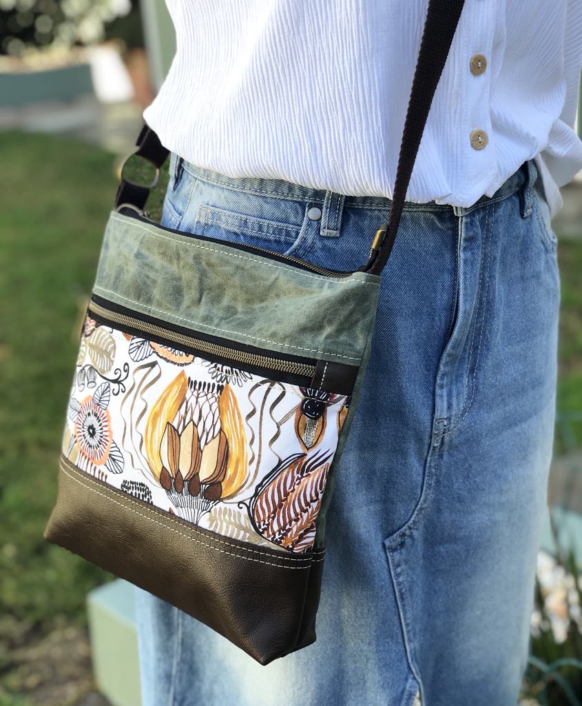 Leather, Waxed Canvas and Native Flower Fabric Zipper Handbag
