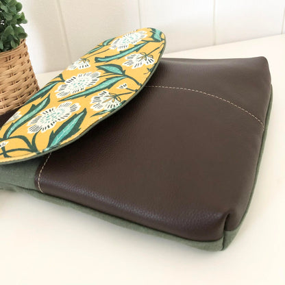 Cassinia Crossbody Bag - Green Canvas & Brown Leather with Evarie Print