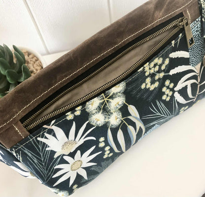 Belt Bag with Moonlight Flora and Brown Waxed Canvas