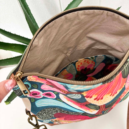Hovea Fold Over Bag in Tan Leather, Green Canvas and Bush Flora