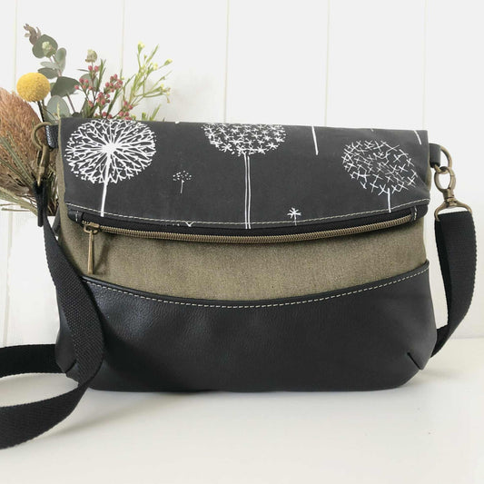 Handbag with dandelion design on a white background