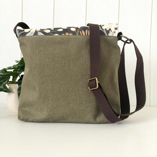 Cassinia Crossbody Bag - Green Canvas & Brown Leather with Floral Wilderness