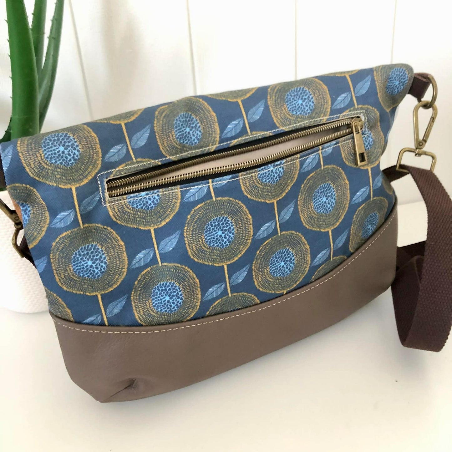 Hovea Fold Over Bag in Brown Leather, Tan Canvas and Modern Floral