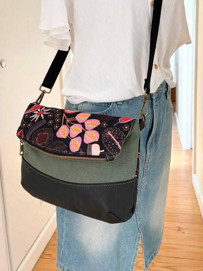 Hovea Fold Over Bag in Tan Leather, Green Canvas and Seed Pod