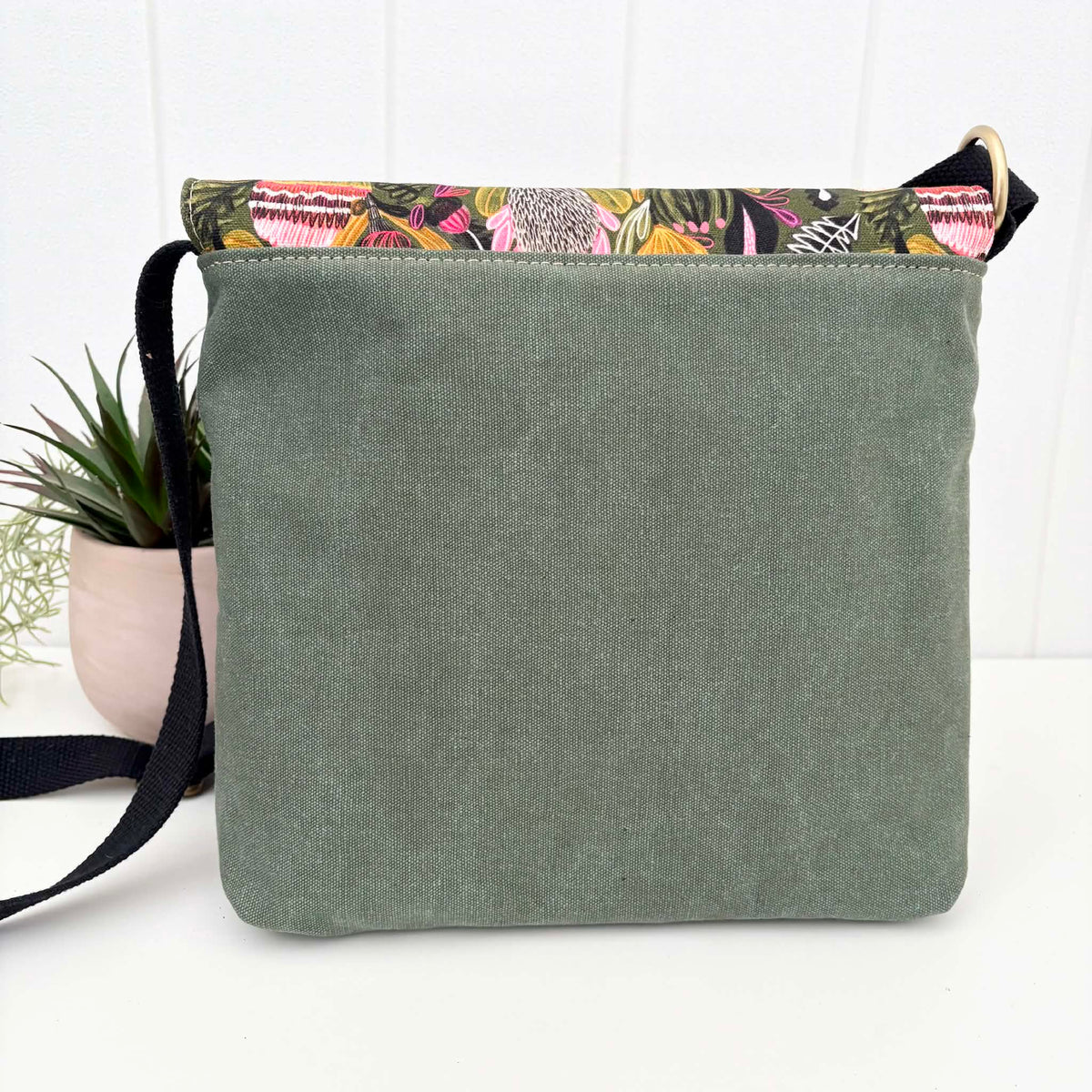 Cassinia Crossbody Bag - Green Canvas and Black Leather with Bush Banksia