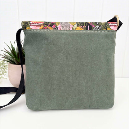 Cassinia Crossbody Bag - Green Canvas and Black Leather with Bush Banksia