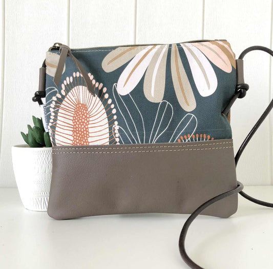 Gumnut Crossbody Bag in Tan Canvas, Brown Leather and Banksia