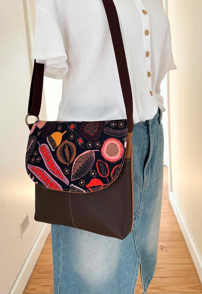 Cassinia Crossbody Bag - Tan Canvas and Brown Leather with Seed Pod Flora