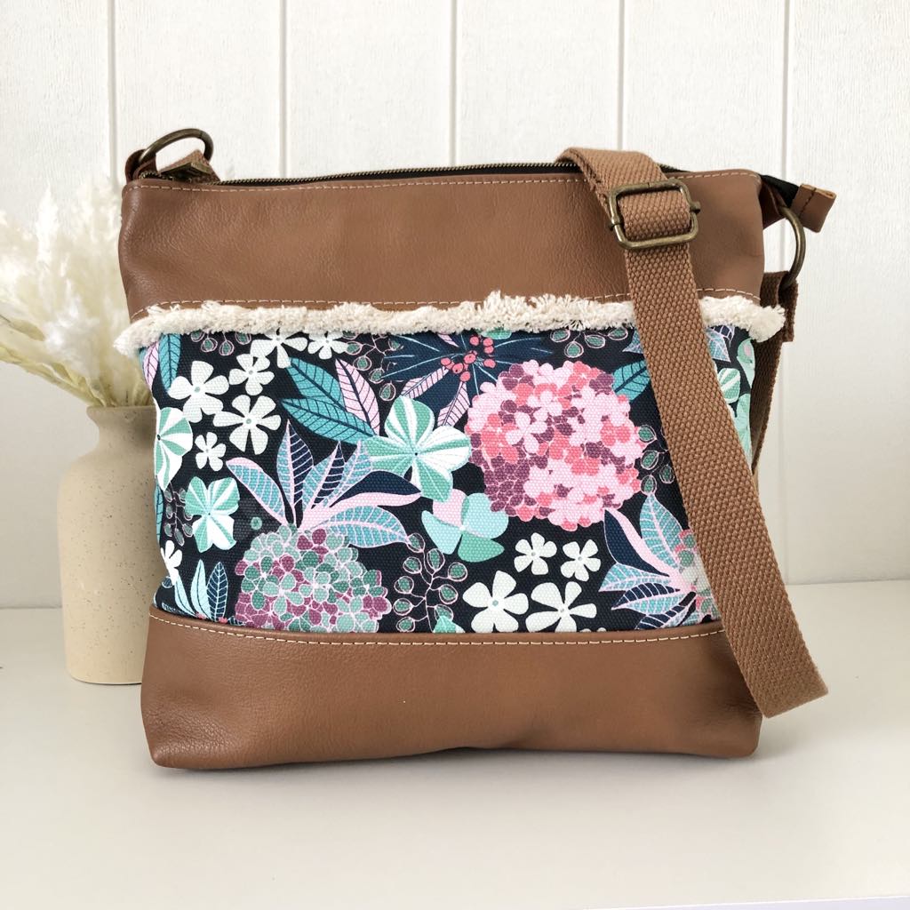 Brown Leather and Canvas Crossbody Bag with Hydrangea Fabric