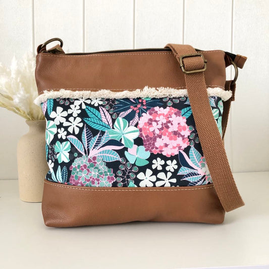 Brown Leather and Canvas Crossbody Bag with Hydrangea Fabric