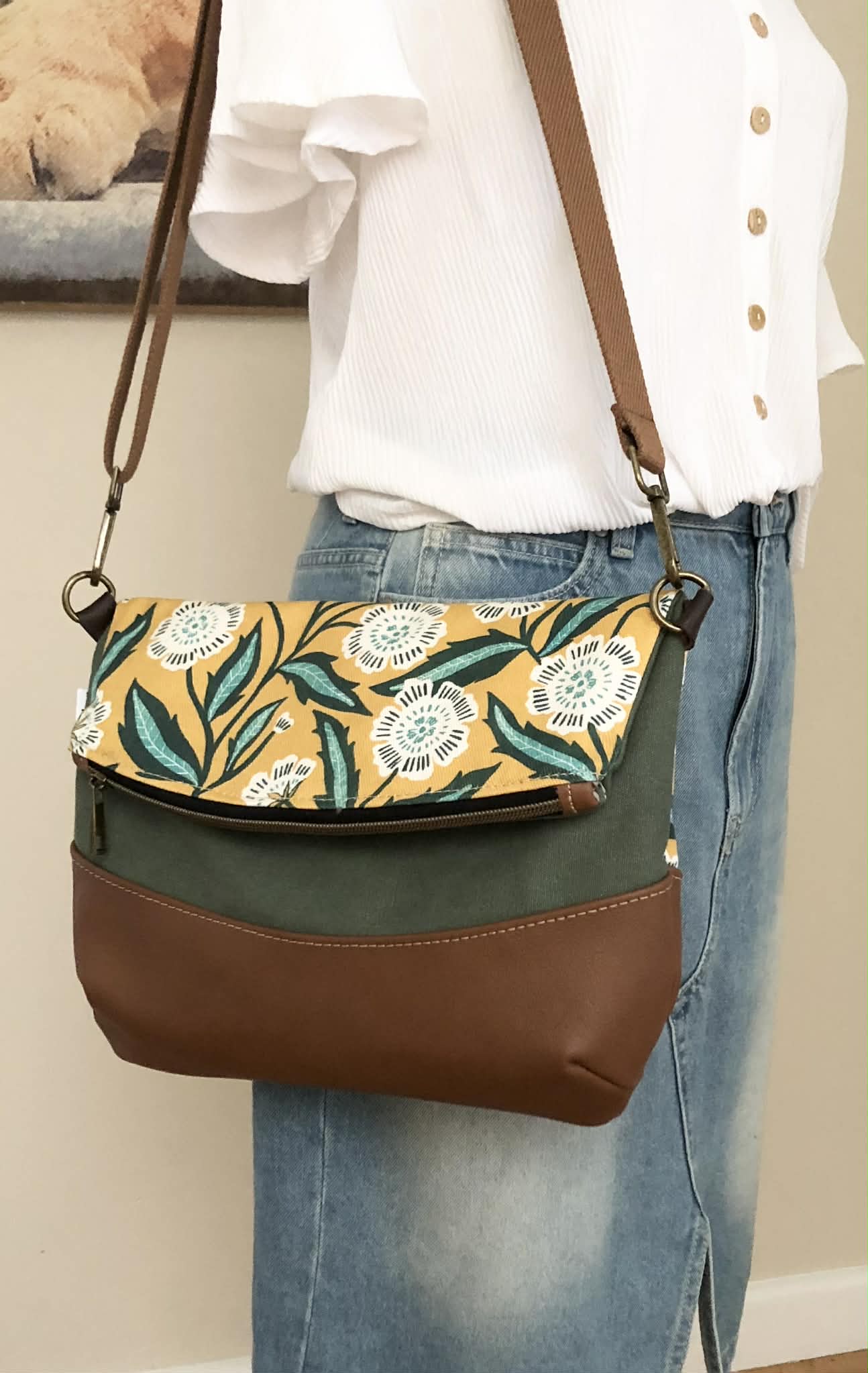 Hovea Fold Over Bag in Tan Brown Leather, Green Canvas and Evarie Print