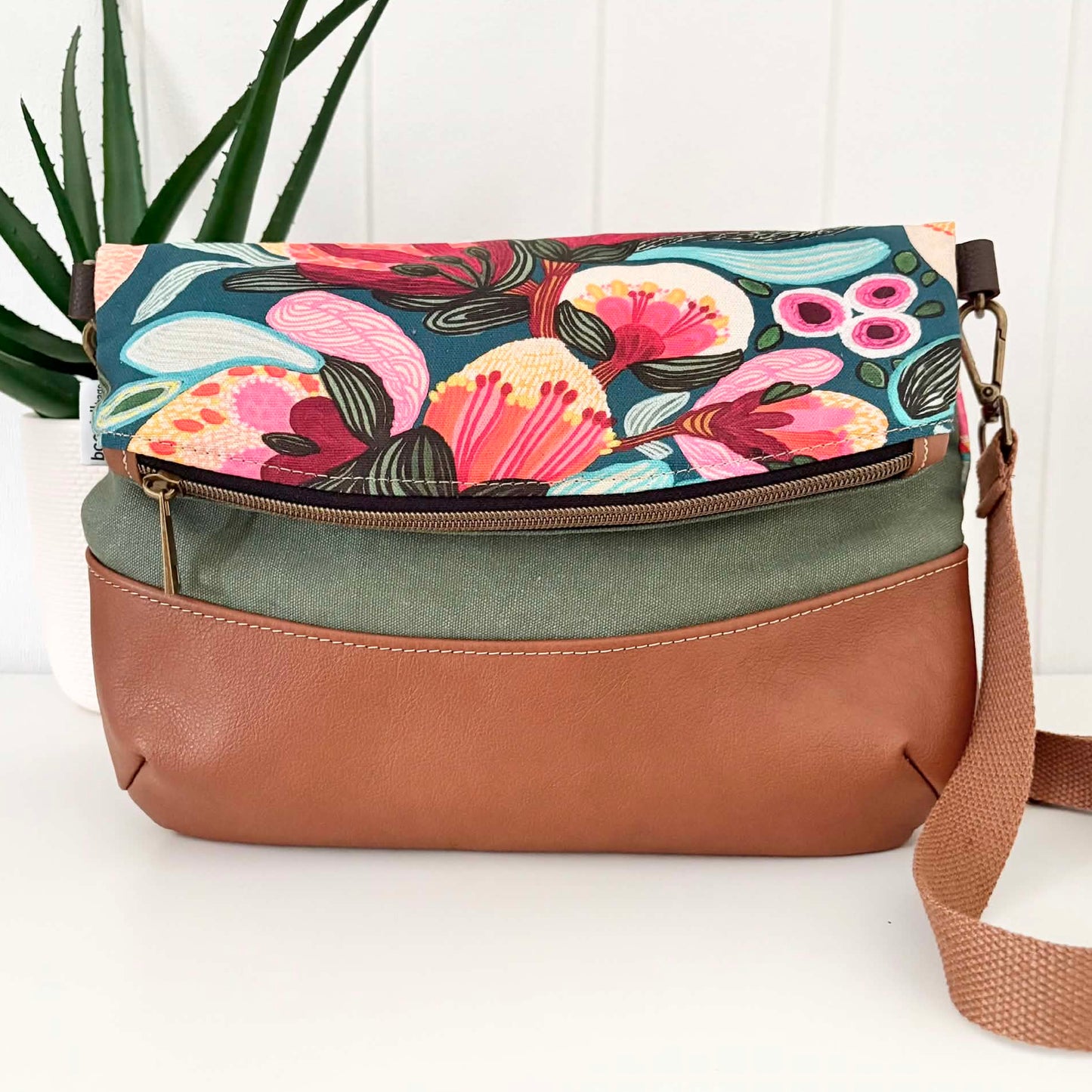 Hovea Fold Over Bag in Tan Leather, Green Canvas and Bush Flora