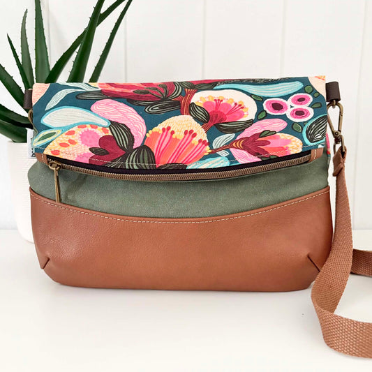 Hovea Fold Over Bag in Tan Leather, Green Canvas and Bush Flora