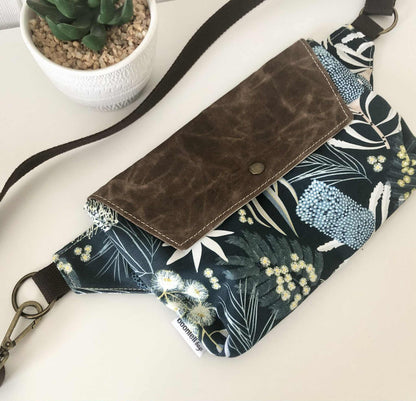 Belt Bag with Moonlight Flora and Brown Waxed Canvas