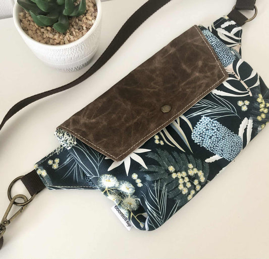 Belt Bag with Moonlight Flora and Brown Waxed Canvas