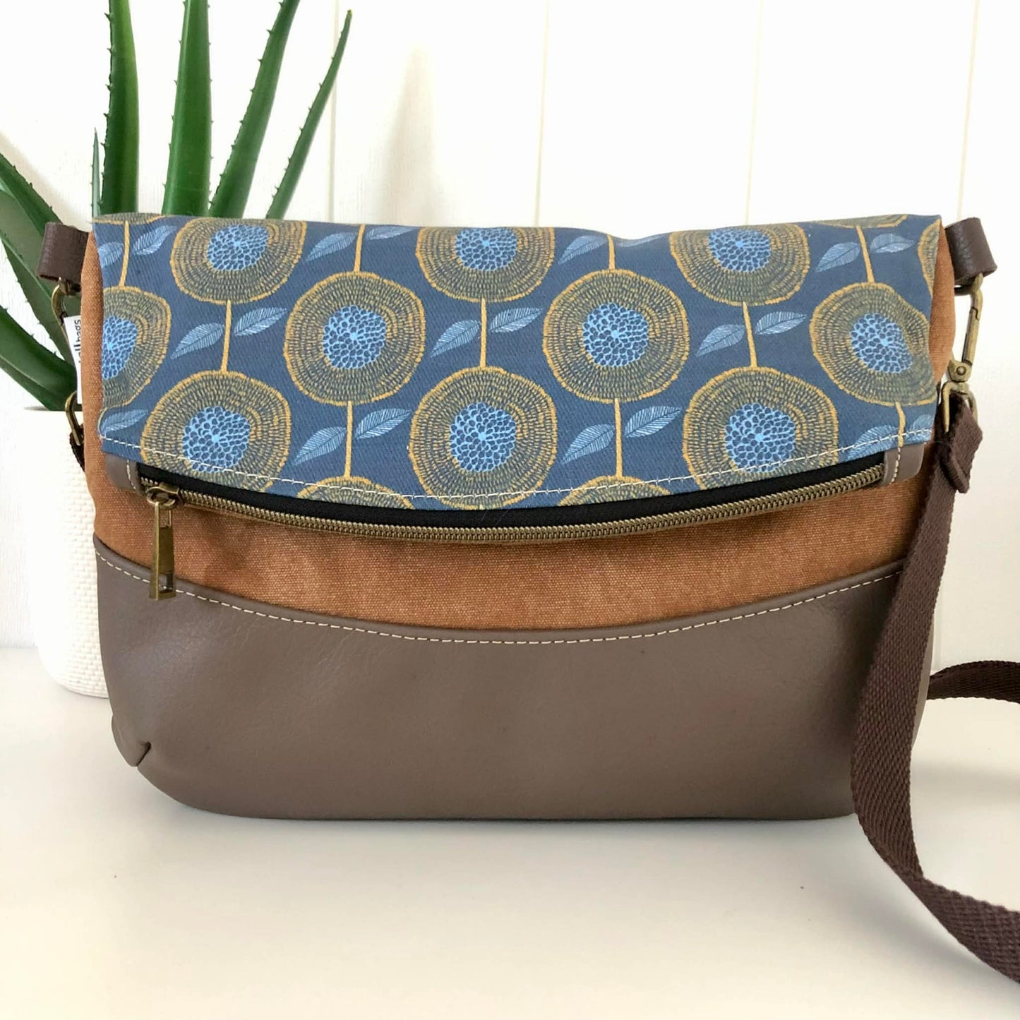 Hovea Fold Over Bag in Brown Leather, Tan Canvas and Modern Floral