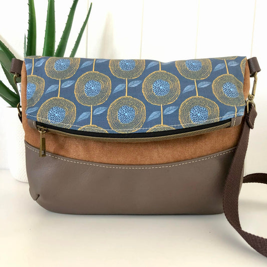 Hovea Fold Over Bag in Brown Leather, Tan Canvas and Modern Floral