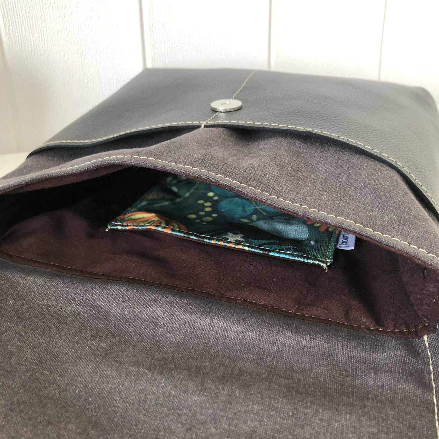 Grey Canvas and Black Leather Crossbody Bag with Birds