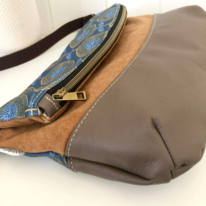 Hovea Fold Over Bag in Brown Leather, Tan Canvas and Modern Floral