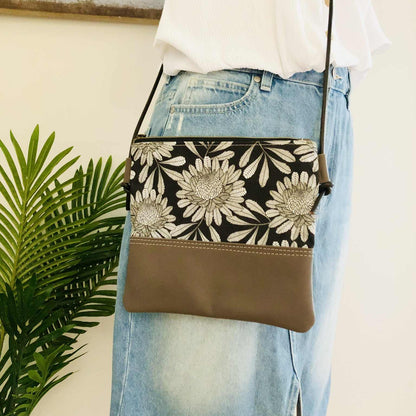 Gumnut Crossbody Bag in Blue Canvas, Brown Leather and Waratah