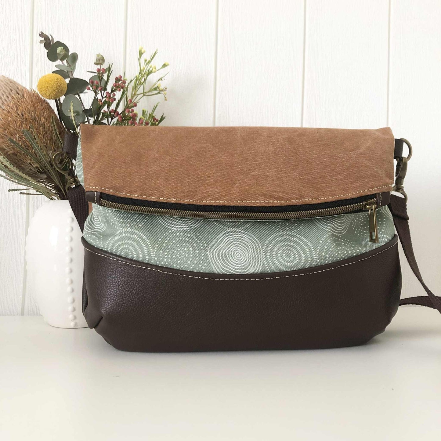 Fold Over Bag in Brown Leather, Tan Canvas and Tree Ring Fabric