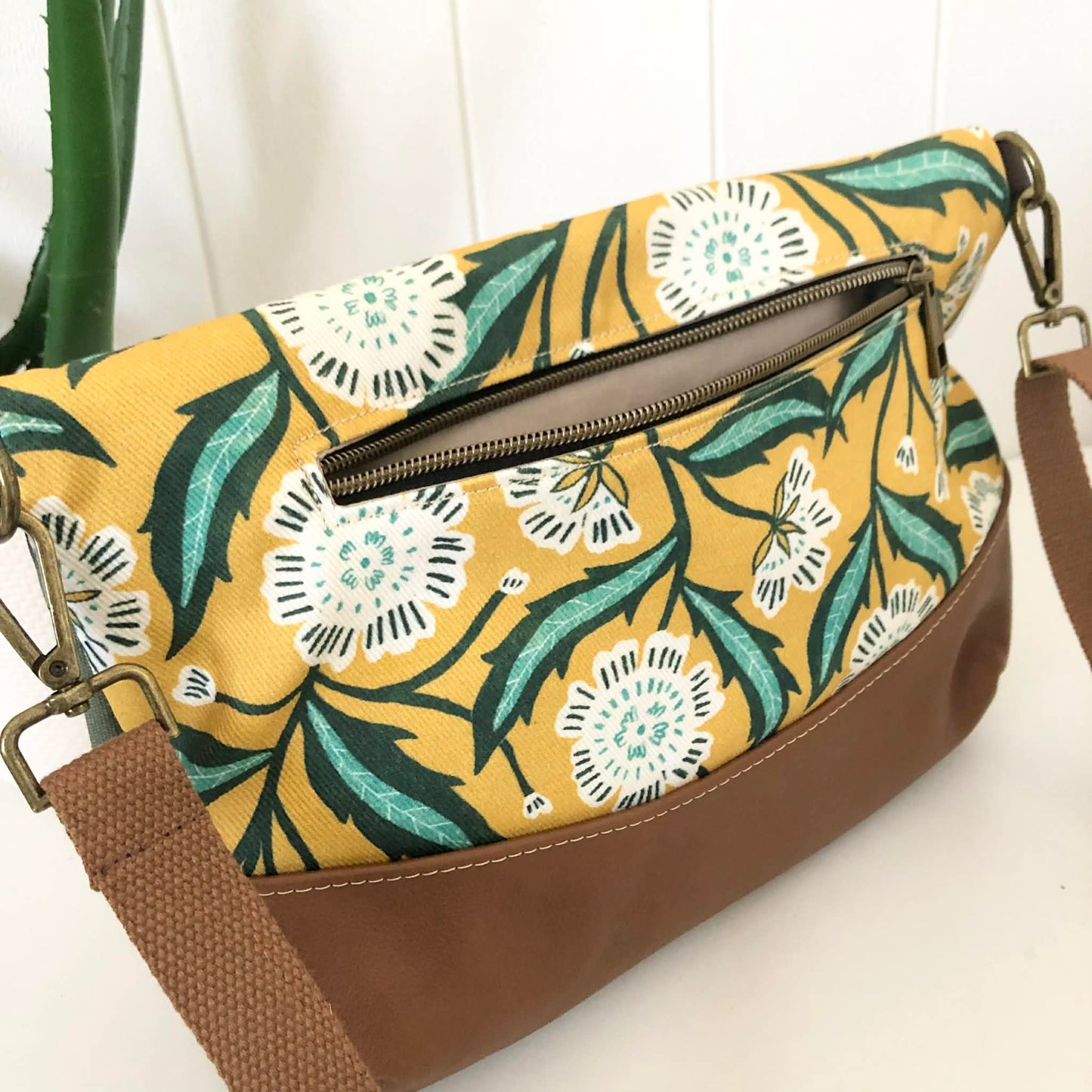 Hovea Fold Over Bag in Tan Brown Leather, Green Canvas and Evarie Print