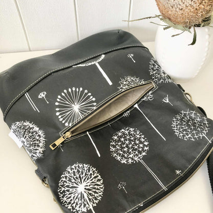 Fold Over Bag in Black Leather, Green Canvas and Dandelion