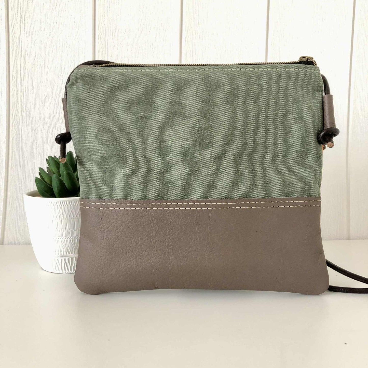Gumnut Crossbody Bag in Green Canvas, Brown Leather and Scandi Meadow