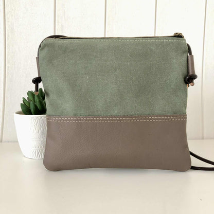Gumnut Crossbody Bag in Green Canvas, Brown Leather and Scandi Meadow
