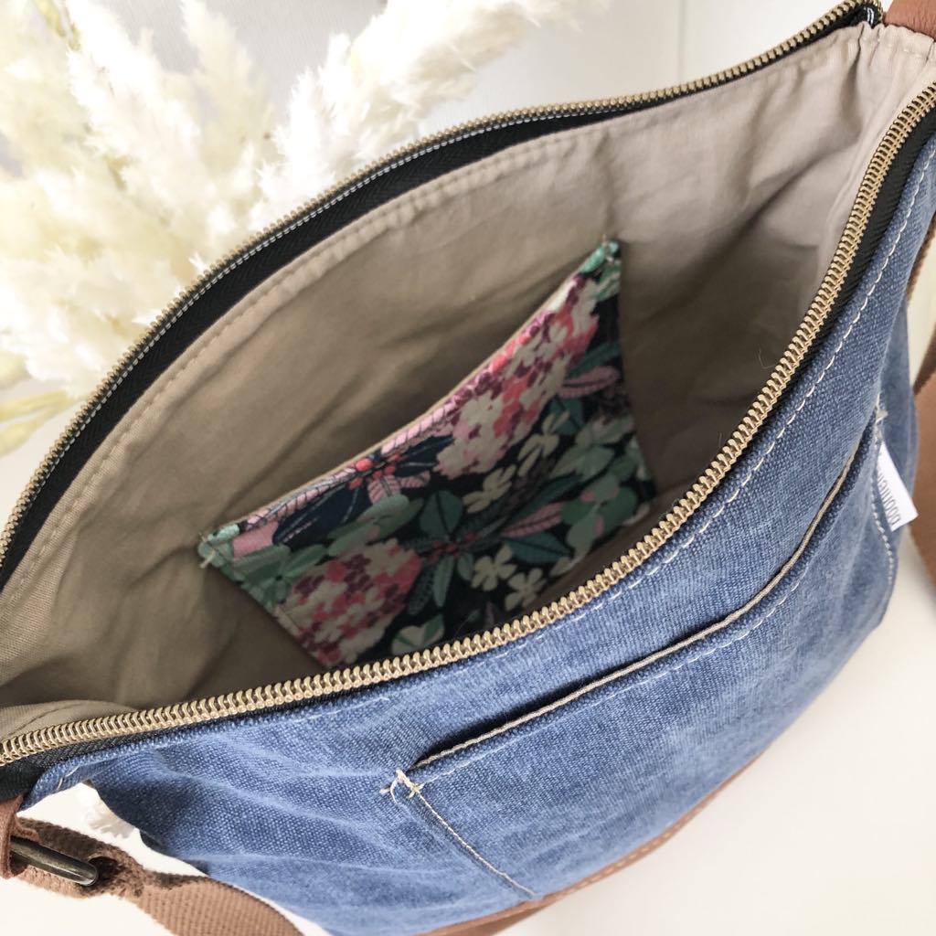 Brown Leather and Canvas Crossbody Bag with Hydrangea Fabric