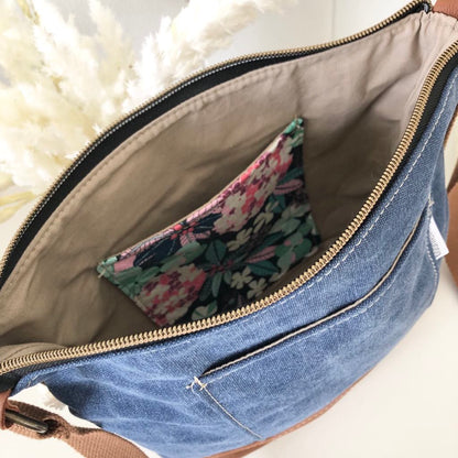 Brown Leather and Canvas Crossbody Bag with Hydrangea Fabric