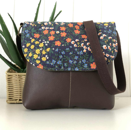 Green Canvas and Brown Leather Crossbody Bag with Wildflowers