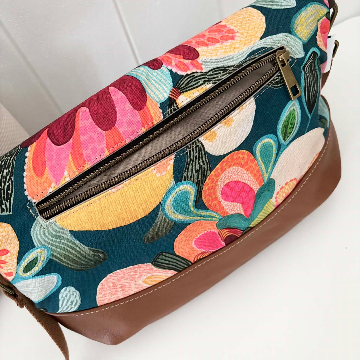 Hovea Fold Over Bag in Tan Leather, Green Canvas and Bush Flora