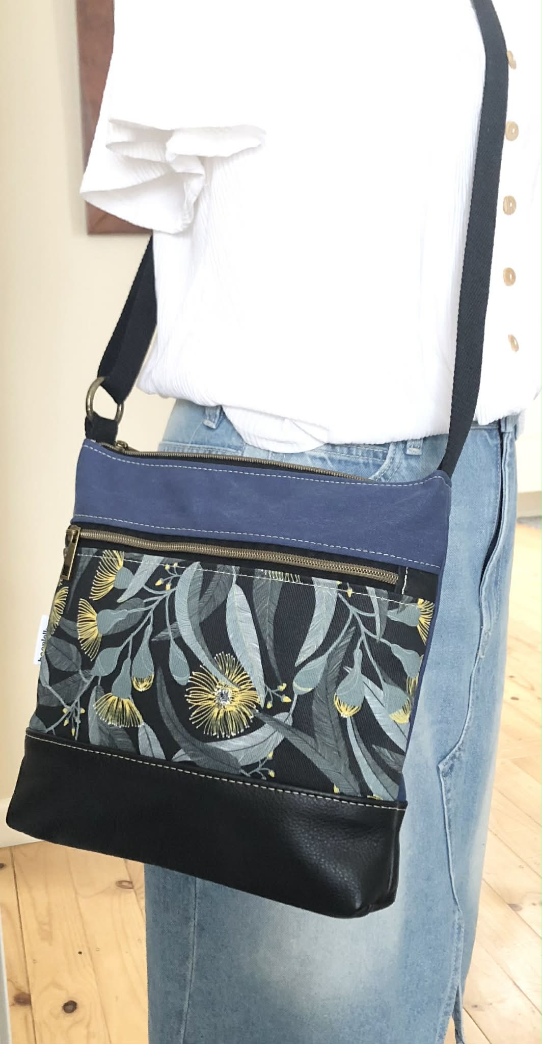 Acacia Zipper Bag in Leather, Blue Canvas and Yellow Eucalyptus