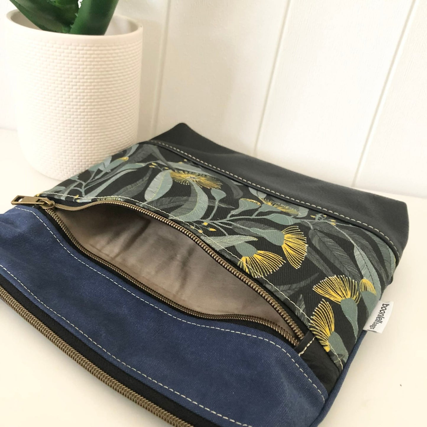 Acacia Zipper Bag in Leather, Blue Canvas and Yellow Eucalyptus