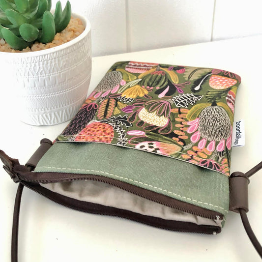 Sundew Sling Bag in Green Canvas with Bush Banksia