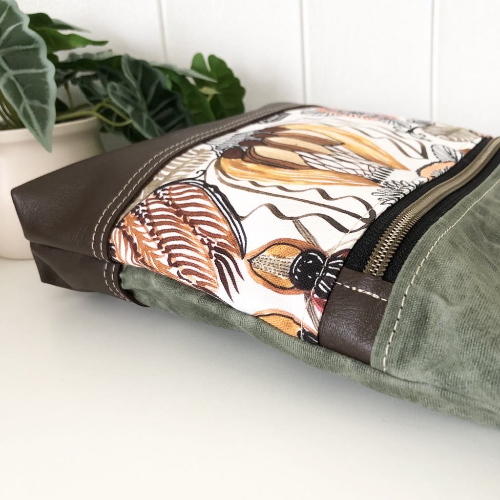Leather, Waxed Canvas and Native Flower Fabric Zipper Handbag